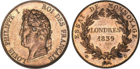 DÉCIME, 10 CENTIMES
10 CENTIMES (module de) Louis Philippe I, type "Londres"
1839 - SPL 63 (SUP++)
ESSAI en bronze


G 211
 - BRONZE - 16,02g
...
