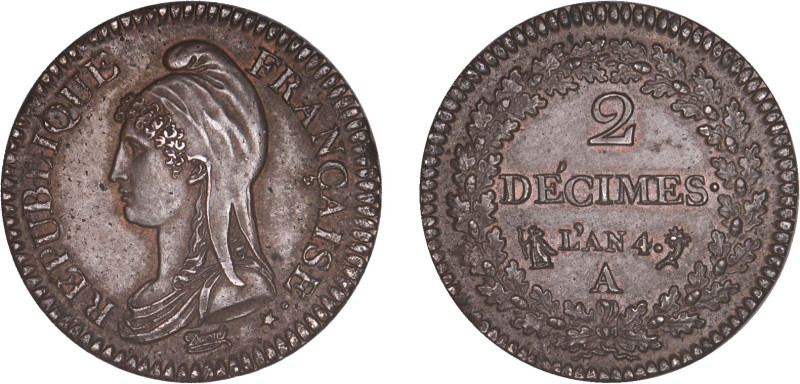 2 DÉCIMES, 20 CENTIMES
2 DÉCIMES
AN 4 A - SPL 61 (SUP+)
Rare en l'état !

...