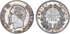 2 DÉCIMES, 20 CENTIMES
20 CENT. Napoléon III, tête nue
1858 A - SPL 60 (SUP+)
petits diff. - Rare !, inf. griff.


G 305, F 148, KM# 778
PARIS ...