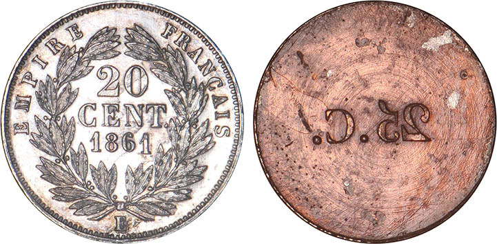 2 DÉCIMES, 20 CENTIMES
20 CENT. Napoléon III, tête laurée au revers du type têt...