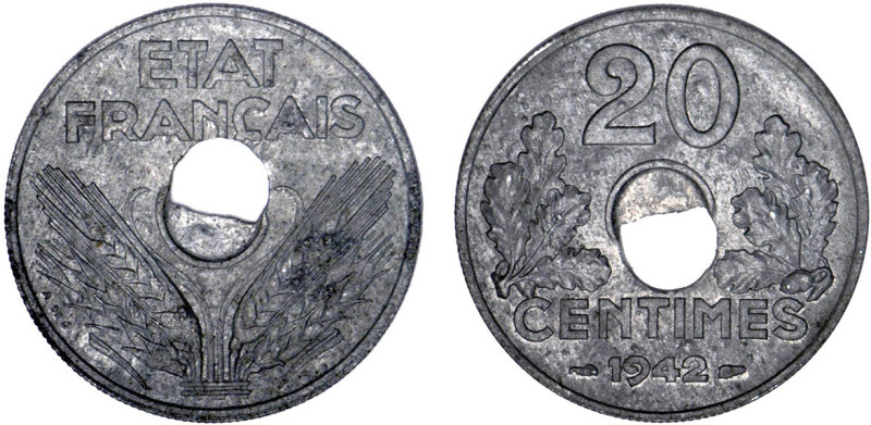 2 DÉCIMES, 20 CENTIMES
20 CENTIMES type en zinc
1942 - SUP 50 (SUP-)
Trou déc...