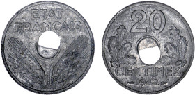 2 DÉCIMES, 20 CENTIMES
20 CENTIMES type en zinc
1942 - SUP 50 (SUP-)
Trou décentré - Rare !


G 321, F 153-153A, KM# 900
 - ZINC - 3,51g
 ----...