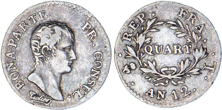 1/4 FRANC, 25 CENTIMES
QUART (de franc) Bonaparte, Ier consul
AN12 L - TTB 35 ...