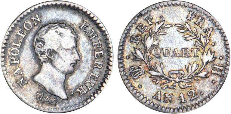 1/4 FRANC, 25 CENTIMES
QUART (de franc) Napoléon empereur (calendrier révolutio...