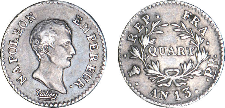 1/4 FRANC, 25 CENTIMES
QUART (de franc) Napoléon empereur (calendrier révolutio...