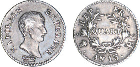 1/4 FRANC, 25 CENTIMES
QUART (de franc) Napoléon empereur (calendrier révolutionnaire)
AN13 BB - TTB 40 (TTB+)
Rarissime !!!


G 346, F 158, KM#...