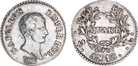 1/4 FRANC, 25 CENTIMES
QUART (de franc) Napoléon empereur (calendrier révolutionnaire)
AN13 L - TTB 35 (TTB)
Rare ! - nettoyé


G 346, F 158, KM...