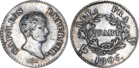 1/4 FRANC, 25 CENTIMES
QUART (de franc) Napoléon empereur (calendrier grégorien)
1806 A - TTB 40 (TTB+)
Assez Rare !


G 347, F 159, KM# 670
PA...