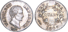 1/4 FRANC, 25 CENTIMES
QUART (de franc) Napoléon empereur (calendrier grégorien)
1807 K - SUP 58 (SUP)
7/6, Rarissime surtout en l'état !!


G 3...