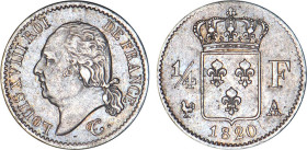 1/4 FRANC, 25 CENTIMES
1/4 F, Louis XVIII
1820 A - TTB 45 (TTB++)
Très Rare !!


G 352, F 163, KM# 714
PARIS - ARGENT - 
 --------------------...