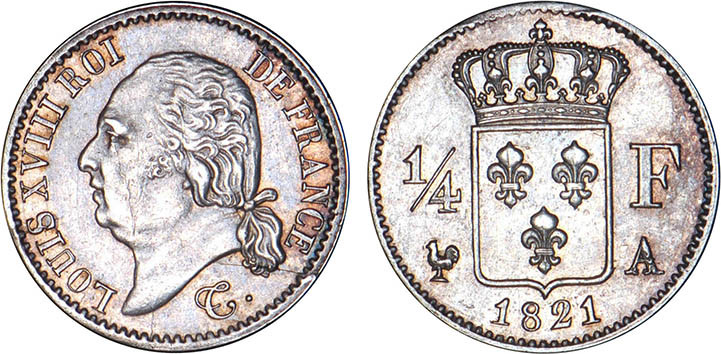 1/4 FRANC, 25 CENTIMES
1/4 F, Louis XVIII
1821 A - SUP 58 (SUP)
Assez Rare !...