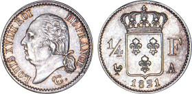 1/4 FRANC, 25 CENTIMES
1/4 F, Louis XVIII
1821 A - SUP 58 (SUP)
Assez Rare !


G 352, F 163, KM# 714
PARIS - ARGENT - 
 ----------------------...