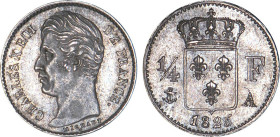 1/4 FRANC, 25 CENTIMES
1/4 F, Charles X
1825 A - SPL 62 (SUP++)
Très Rare !! - Ex collection idéale


G 353, F 164, KM# 722
PARIS - ARGENT - 1,...