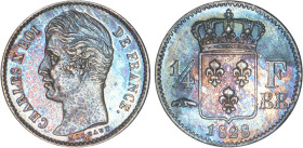 1/4 FRANC, 25 CENTIMES
1/4 F, Charles X
1828 BB - SPL 60 (SUP+)
Rare surtout en l'état !


G 353, F 164, KM# 722
STRASBOURG - ARGENT - 1,24g
 ...