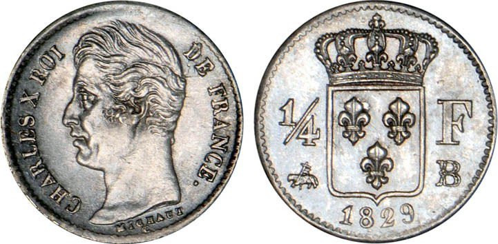 1/4 FRANC, 25 CENTIMES
1/4 F, Charles X
1829 B - SPL 62 (SUP++)
Rare surtout ...