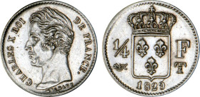 1/4 FRANC, 25 CENTIMES
1/4 F, Charles X
1829 T - SUP 58 (SUP)
Très Rare surtout en l'état !!


G 353, F 164, KM# 722
NANTES - ARGENT - 1,24g
 ...