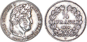 1/4 FRANC, 25 CENTIMES
1/4 FRANC Louis-Philippe I
1834 H - SUP 55 (SUP)
Assez Rare !


G 355, F 166, KM# 740
LA ROCHELLE - ARGENT - 
 --------...
