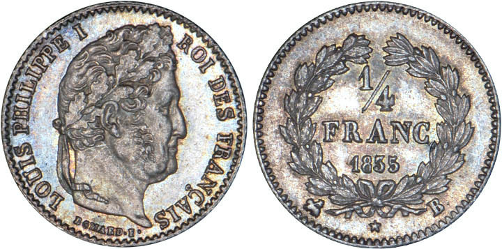 1/4 FRANC, 25 CENTIMES
1/4 FRANC Louis-Philippe I
1835 B - SPL 63 (SUP++)
Trè...