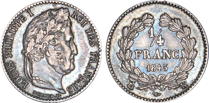 1/4 FRANC, 25 CENTIMES
1/4 FRANC Louis-Philippe I
1843 K - SUP 50 (SUP-)
Rare...