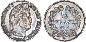 1/4 FRANC, 25 CENTIMES
1/4 FRANC Louis-Philippe I
1843 K - SUP 50 (SUP-)
Rare ! - nettoyage ancien


G 355, F 166, KM# 740
BORDEAUX - ARGENT - ...