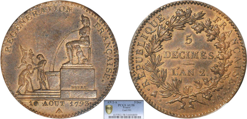 1/2 FRANC, 50 CENTIMES
5 DECIMES l'an 2 de la République
AN 2 A - SUP 59 (SUP)...