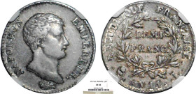 1/2 FRANC, 50 CENTIMES
DEMI FRANC Napoléon empereur (calendrier révolutionnaire)
AN14 L - TTB 45 (TTB++)
Rarissime !!! - NGC XF45


G 395, F 174...