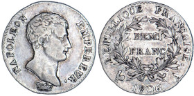 1/2 FRANC, 50 CENTIMES
DEMI FRANC Napoléon empereur (calendrier grégorien)
1806 A - TTB 35 (TTB)
Assez Rare !


G 396, F 175, KM# 671
PARIS - A...