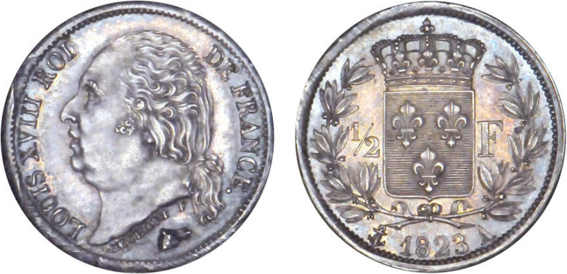 1/2 FRANC, 50 CENTIMES
1/2 F, Louis XVIII
1823 A - SPL 62 (SUP++)
infime ajus...