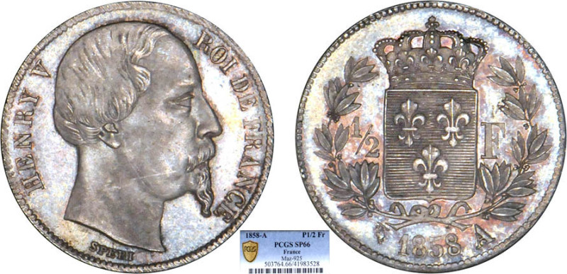1/2 FRANC, 50 CENTIMES
1/2 F, Henri V, tête âgée
1858 - FDC 66 (FDC)
T. Rare,...