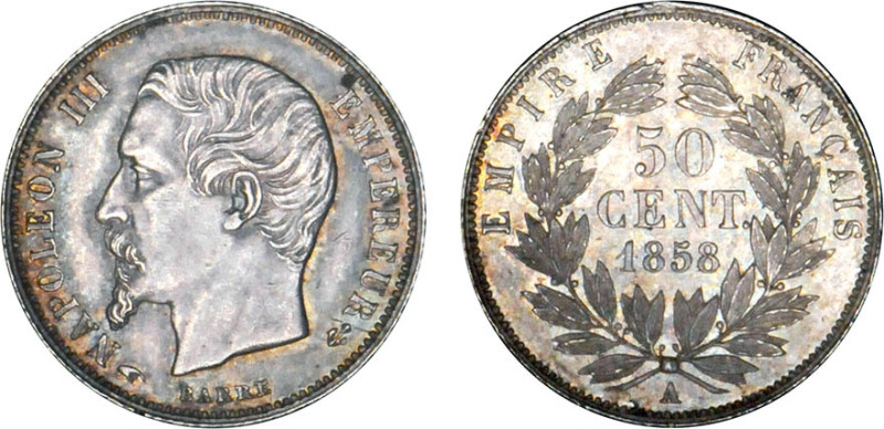 1/2 FRANC, 50 CENTIMES
50 CENT. Napoléon III, tête nue
1858 A - SPL 62 (SUP++)...