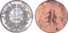 1/2 FRANC, 50 CENTIMES
50 CENT. Napoléon III, tête laurée, revers type tête nue, cliché uniface en bronze argenté
1862 E - SPL 61 (SUP+)
Revers - T...