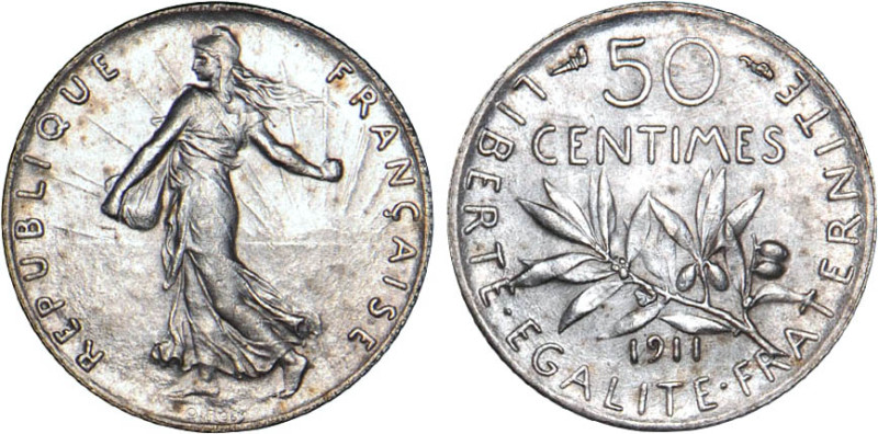 1/2 FRANC, 50 CENTIMES
50 CENTIMES type semeuse
1911 - SUP 55 (SUP)
Assez Rar...