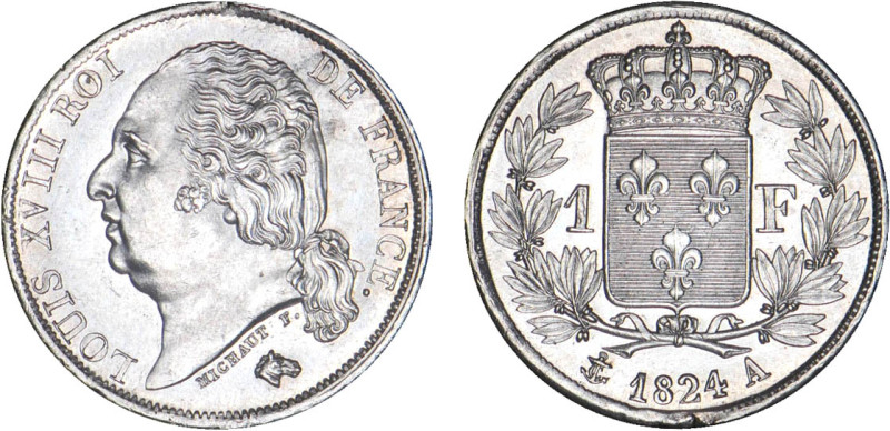 1 FRANC
1 F, Louis XVIII
1824 A - SPL 62 (SUP++)
lég. paille & nettoyage

...
