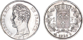 1 FRANC
1 F, Charles X
1826 B - SUP 58 (SUP)
Rare ! - légèrement nettoyé


G 450, F 207-207A, KM# 724
ROUEN - ARGENT - 5,02g
 ----------------...