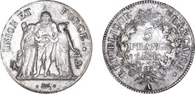 5 FRANCS
5 FRANCS type Union et Force (Consulat), variété "union" serré, grande feuille avec glands intérieurs, sans gland extérieur
AN10 A - TTB 40...