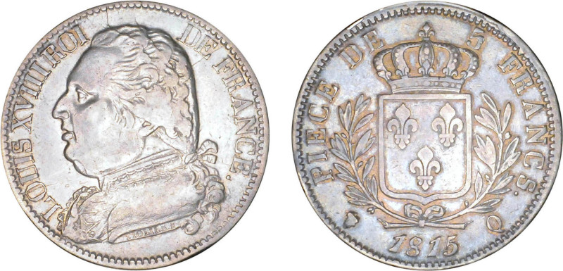 5 FRANCS
5 FRANCS Louis XVIII, type au buste habillé
1815 Q - TTB 30 (TTB-)
S...