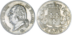 5 FRANCS
5 F, Louis XVIII type au buste nu
1817 M - TTB 45 (TTB++)
Très Rare !! - nettoyé


G 614, F 309, KM# 711
TOULOUSE - ARGENT - 24,87g
 ...