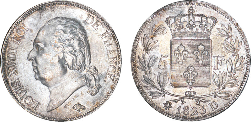 5 FRANCS
5 F, Louis XVIII type au buste nu
1823 D - TTB 45 (TTB++)
Assez Rare...