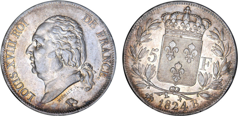 5 FRANCS
5 F, Louis XVIII type au buste nu
1824 B - SUP 55 (SUP)
Assez Rare !...