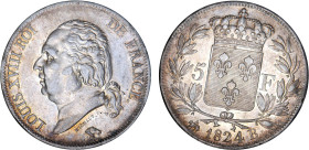 5 FRANCS
5 F, Louis XVIII type au buste nu
1824 B - SUP 55 (SUP)
Assez Rare ! - décalé de 15°


G 614, F 309, KM# 711
ROUEN - ARGENT - 
 -----...
