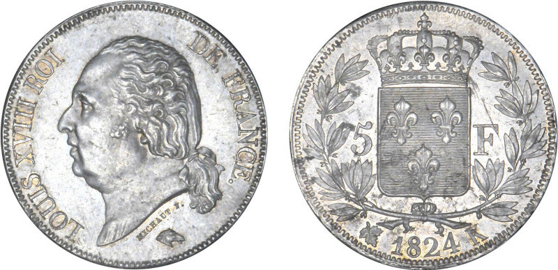 5 FRANCS
5 F, Louis XVIII type au buste nu
1824 K - SPL 60 (SUP+)
Assez Rare ...