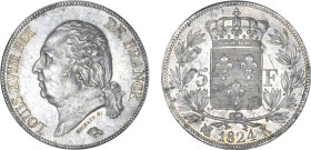 5 FRANCS
5 F, Louis XVIII type au buste nu
1824 K - SPL 60 (SUP+)
Assez Rare ! - légères taches


G 614, F 309, KM# 711
BORDEAUX - ARGENT - 25,...