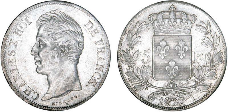 5 FRANCS
5 F, Charles X 2e type
1827 I - SUP 50 (SUP-)
Rare ! - fin paillage...
