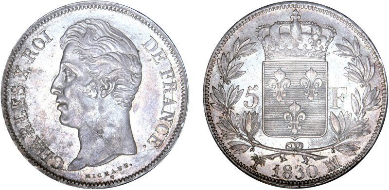 5 FRANCS
5 F, Charles X 2e type
1830 MA - SPL 63 (SUP++)
légère griffure

...