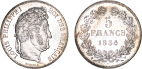 5 FRANCS
5 FRANCS Louis-Philippe I, tête laurée
1834 W - SPL 61 (SUP+)
Rare en l'état !


G 678, F 324, KM# 749
LILLE - ARGENT - 
 -----------...