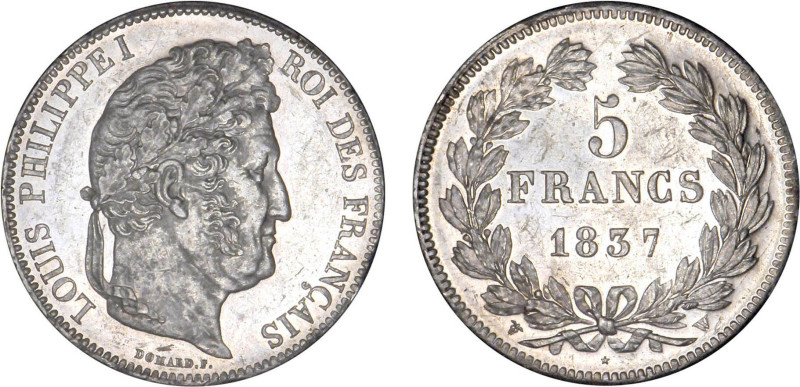 5 FRANCS
5 FRANCS Louis-Philippe I, tête laurée
1837 W - SPL 61 (SUP+)
Rare e...