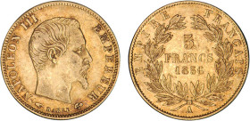 5 FRANCS OR
5 FRANCS or, Napoléon III tête nue, grand module
1856 A - TTB 45 (TTB++)



G 1001, F 501, KM# 787
PARIS - OR - 
 ----------------...