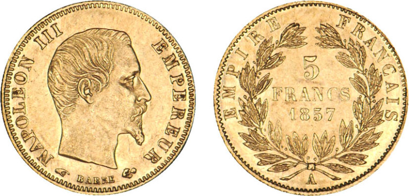 5 FRANCS OR
5 FRANCS or, Napoléon III tête nue, grand module
1857 A - SUP 58 (...