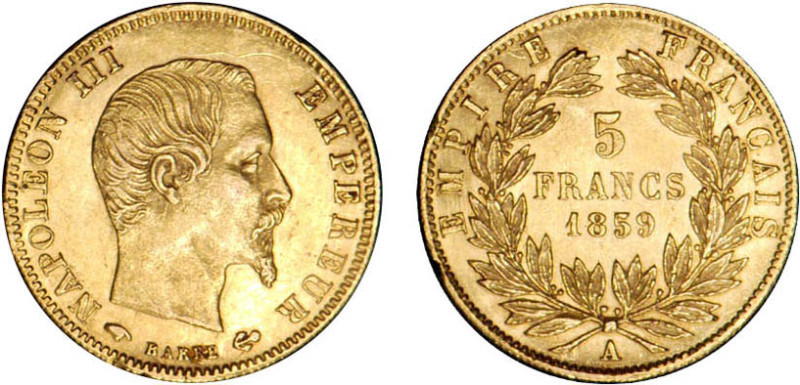 5 FRANCS OR
5 FRANCS or, Napoléon III tête nue, grand module
1859 A - SUP 58 (...
