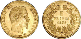 5 FRANCS OR
5 FRANCS or, Napoléon III tête nue, grand module
1859 A - SUP 58 (SUP)
infimes coups tranche


G 1001, F 501, KM# 787
PARIS - OR - ...
